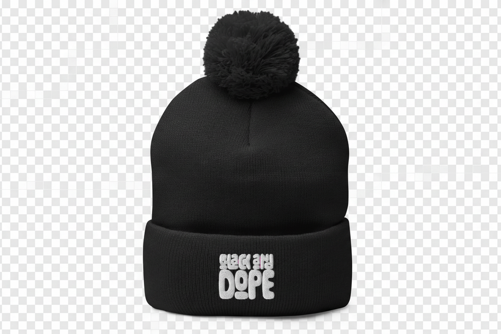 Black and Dope Pom-Pom Beanie - No Background