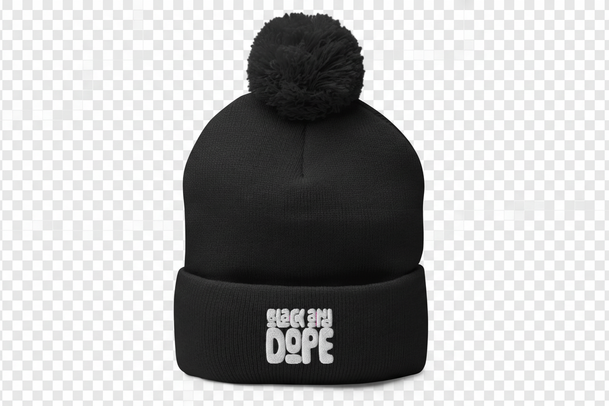 Black and Dope Pom-Pom Beanie - No Background